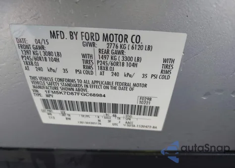 2015 Ford Explorer Xlt from USA, damaged, VIN 1FM5K7D87FGC68984